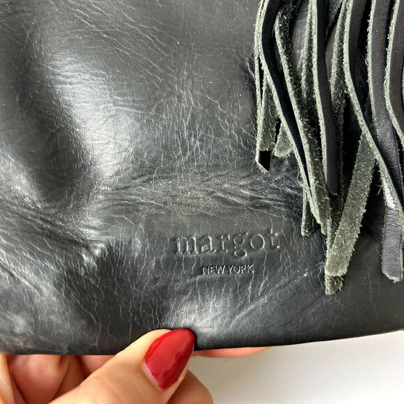 Margot New York Genuine Leather Womens Crossbody Purse Black Adjustable Tassel